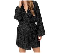 Generico Abito con Paillettes Donna Frange,Mini Abito Avvolgente Scintillante per Donna con Scollo A V Manica Lunga Maniche A Sbuffo Abito da Festa per