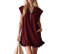 Generico Abito Corto da Donna a Trapezio con Mezza Zip e Orlo a Balze, Modello Estivo 2026, con Maniche a Cappuccio, Modello Ampio a t-Shirt con Tasche. (Burgundy,3XL)
