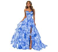 Generico Abito da Ballo con Stampa Floreale in Tulle Lungo Spacco Corsetto A Strati Abito da Sera Senza Spalline A Cuore con Tasche Royal Blue 0