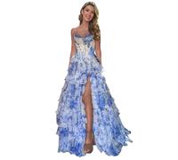 Generico Abito da Ballo con Stampa Floreale in Tulle Lungo Spacco Corsetto A Strati Abito da Sera Senza Spalline A Cuore con Tasche Blue 0