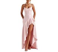 Generico Abito da Ballo in Raso con Volant da Donna, Abito Lungo da Donna con Spalle Scoperte, Elegante Abito da Cocktail con Spacco (Pink,M)