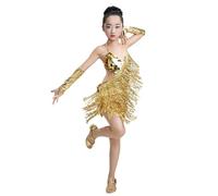 Generico Abito da Ballo Latino Bambina Vestito Paillettes Ragazze Abito da Danza con Piume Vestito Latino Americano Bambina Gonna con Frange di Paillettes Vestiti da Ballo Bambini (Gold, 6-7 Years)