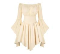 Generico Abito da Cerimonia Donna - Abito da Sera Donna Elegante Abito Casual da Donna con Spalle Scoperte Orlo Arricciato Estivo Stile Halloween Abito Midi Boho Fluido con Stampa Floreale (Beige L)