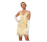 Generico Abito da Discoteca con Frange Mini Abito Corto da Donna con Frange, Paillettes e Perline, Mini Nappe(Beige,XL)