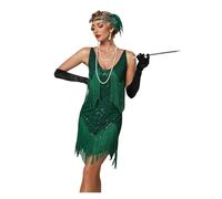 Generico Abito da Discoteca con Frange Mini Abito Corto da Donna con Frange, Paillettes e Perline, Mini Nappe(Green,S)