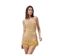 Generico Abito da Discoteca con Frange Mini Abito da Donna con Paillettes, Nappe, Patchwork, Senza Maniche, Spalline Sottili, Canotta Estiva Aderente(Gold,L)