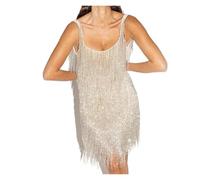 Generico Abito da Discoteca con Frange Mini Abito Sexy con Scollo a V, Frange e Paillettes, Elegante, Senza Maniche, con Nappe, Corto, for Feste in Discoteca(Silver,XL)