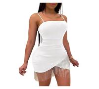 Generico Abito da Discoteca con Frange Vestito da Donna for Feste, Compleanni, Serate, Nappa, Spacco, Senza Maniche, Aderente, Elegante, con Bretelle, Corto, Mini, Sexy(White,M)