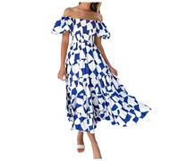 Generico Abito da Donna con Maniche a Sbuffo e Gonna a Sbuffo Stampata con Collo Nuovo Primavera ed Estate con Bordo Europeo e Piattaforma 2024 (White, L)