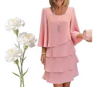 Generico Abito da Donna Elegante con Maniche a Balze a Strati, Abito Elegante e Fluido in Chiffon con Maniche a 3/4, Uno Stile Disinvolto per Ogni Occasione (Pink,L)