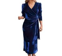 Generico Abito da Donna in Velluto Lungo con Scollo A V Avvolgente Manica Lunga Elegante Abito da Festa Midi Sexy Avvolgente Cocktail Party Abito da Sera Ballo di Fine Anno per Discoteca Donna Blu L
