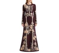 Generico Abito da Donna per Halloween, Costume Lungo Boho con Stampa Scheletro, Scollo a V, Abito Lungo, Leggero e Traspirante, Vestito Casual, Camicia Fluida, Abiti da Donna
