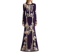 Generico Abito da Donna per Halloween, Costume Lungo Boho con Stampa Scheletro, Scollo a V, Abito Lungo, Leggero e Traspirante, Vestito Casual, Camicia Fluida, Abiti da Donna