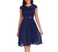 Generico Abito da Sposa da Donna a Maniche Corte per Abito da Formale di Media Lunghezza in Chiffon di Pizzo da Sposa (Blue, XL)