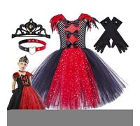 Generico Abito da vampiro per ragazze,Costume da vampiro per ragazze, Abito da per adolescenti, gotico in tulle di Halloween da 2 a 12 anni con corona, guanti e collana