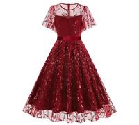 Generico Abito Donna Casual Stile retrò con Cintura in Vita a Rete Collo Rotondo e Design Europeo Americano per Eleganza Moderna e Conforto Quotidiano (Red, L)