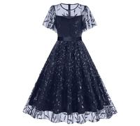 Generico Abito Donna Casual Stile retrò con Cintura in Vita a Rete Collo Rotondo e Design Europeo Americano per Eleganza Moderna e Conforto Quotidiano (Navy, L)