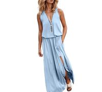 Generico Abito Donna Estivo Casual Comodo con Scollo a V e Chiusura Lampo per Un Quotidiano Elegante e Pratico da Indossare Ogni Giorno Ideale con Sandali (Light Blue-B, S)