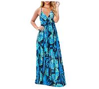 Generico Abito Donna Floreale Boho Senza Schienale Lungo Maxi per Spiaggia Serata Festa Estivo Elegante (Blue, S)