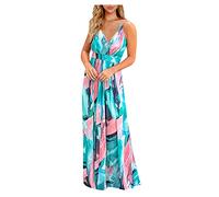 Generico Abito Donna Floreale Boho Senza Schienale Lungo Maxi per Spiaggia Serata Festa Estivo Elegante (S)