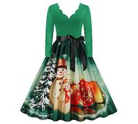 Generico Abito Donna Manica Lunga Scollo a V Natale 1950s Housewife Evening Party Prom Beach Confortevole e Morbido per Serate e Feste(Green, XL)