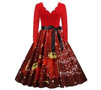 Generico Abito Donna Manica Lunga Scollo a V Natale 1950s Housewife Evening Party Prom Beach Confortevole e Morbido per Serate e Feste(Red, M)