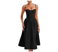 Generico Abito Donna Midi Casual con Scollo a Cuore e Spalline Regolabili per Un Femminile Elegante in Ogni Occasione (Black, L)