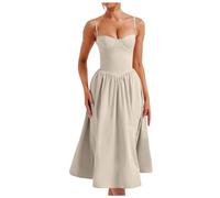 Generico Abito Donna Midi Casual con Scollo a Cuore e Spalline Regolabili per Un Femminile Elegante in Ogni Occasione (Beige, XXL)