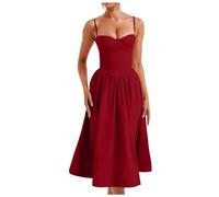 Generico Abito Donna Midi Casual con Scollo a Cuore e Spalline Regolabili per Un Femminile Elegante in Ogni Occasione (Red, XXL)