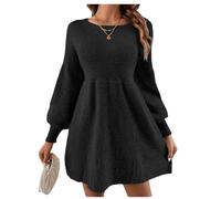 Generico Abito Elegante da Donna in Maglia a Maniche Lunghe per l'autunno/Inverno Taglio Ampio con Gonna Svasata Che valorizza la Silhouette Design a Vita Alta con Maniche a Sbuffo (Nero,XL)