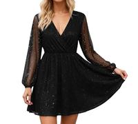 Generico Abito Elegante Donna,Elegante Abito Casual con Maniche A Rete E Design A Schizzi Dorati Abito da Festa Fluido di Media Lunghezza per L'Uso Quotidiano Caratterizzato da Una vestibilità Comoda