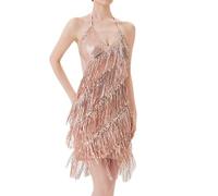 Generico Abito Elegante - Vestiti Carnevale Donna Abito da Ballo Latino da Donna con Frange e Paillettes Abito da Festa Abbigliamento da Spettacolo (Beige XL)