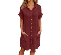 Generico Abito Estivo Donna Scollo a V Vestito Donna Maniche Corte Cotton Elegante Abito da Camicia con Botton e Tasche Casual Abito Mare Spiaggia