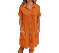 Generico Abito Estivo Donna Scollo a V Vestito Donna Maniche Corte Cotton Elegante Abito da Camicia con Botton e Tasche Casual Abito Mare Spiaggia