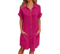 Generico Abito Estivo Donna Scollo a V Vestito Donna Maniche Corte Cotton Elegante Abito da Camicia con Botton e Tasche Casual Abito Mare Spiaggia