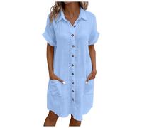 Generico Abito Estivo Donna Scollo a V Vestito Donna Maniche Corte Cotton Elegante Abito da Camicia con Botton e Tasche Casual Abito Mare Spiaggia