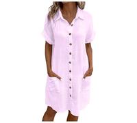 Generico Abito Estivo Donna Scollo a V Vestito Donna Maniche Corte Cotton Elegante Abito da Camicia con Botton e Tasche Casual Abito Mare Spiaggia