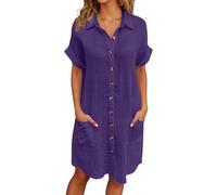 Generico Abito Estivo Donna Scollo a V Vestito Donna Maniche Corte Cotton Elegante Abito da Camicia con Botton e Tasche Casual Abito Mare Spiaggia