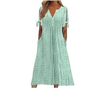 Generico Abito Estivo Donna Vestito in Cotone e Lino Maniche Corte Elegante Abiti Mare Casual Morbido Tinta Unita Abito con Bottoni Boho Chic Allentato Leggeri Vestiti Taglie Forti Vacanze Mare