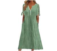 Generico Abito Estivo Donna Vestito in Cotone e Lino Maniche Corte Elegante Abiti Mare Casual Morbido Tinta Unita Abito con Bottoni Boho Chic Allentato Leggeri Vestiti Taglie Forti Vacanze Mare