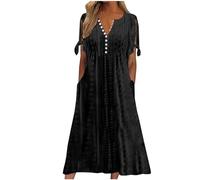Generico Abito Estivo Donna Vestito in Cotone e Lino Maniche Corte Elegante Abiti Mare Casual Morbido Tinta Unita Abito con Bottoni Boho Chic Allentato Leggeri Vestiti Taglie Forti Vacanze Mare
