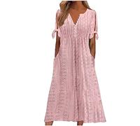 Generico Abito Estivo Donna Vestito in Cotone e Lino Maniche Corte Elegante Abiti Mare Casual Morbido Tinta Unita Abito con Bottoni Boho Chic Allentato Leggeri Vestiti Taglie Forti Vacanze Mare