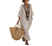 Generico Abito Estivo Donna Vestito Lino Mare Oversize Boho Chic V Collo Boho (A14,4XL)