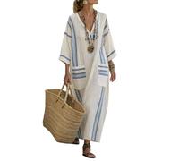 Generico Abito Estivo Donna Vestito Lino Mare Oversize Boho Chic V Collo Boho (A27,3XL)