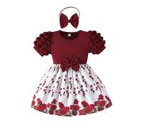 Generico Abito Estivo per Bambina con Stampa Floreale Decorato da Fiocco e Maniche a Sbuffo per Occasioni Speciali e Informali