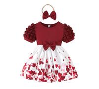 Generico Abito Estivo per Bambina con Stampa Floreale Decorato da Fiocco e Maniche a Sbuffo per Occasioni Speciali e Informali