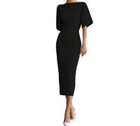 Generico Abito Formale da Sera Monocromatico, Scollo a Barca, Maniche Corte, Vita Stretta, vestibilità Slim, Lungo con Spacco sull'Orlo (Black,XL)