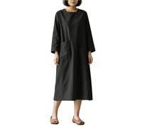 Generico Abito in Cotone e Lino da Donna Girocollo Maniche Lunghe Midi Caftano con Tasche e Spacco Laterale Tinta Unita Basic per Il Tempo Libero di Tutti I Giorni Nero Taglia XL.