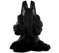 Generico Abito Lingerie da Donna con Illusione Vestaglia con Piume Trasparenti Camicia da Notte Vestaglia da Sposa Scollo a V in Rete con Piume in Tulle Maniche Svasate Vestaglia,F,One Size