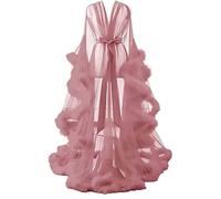 Generico Abito Lingerie da Donna con Illusione Vestaglia con Piume Trasparenti Camicia da Notte Vestaglia da Sposa Scollo a V in Rete con Piume in Tulle Maniche Svasate Vestaglia,I,One Size